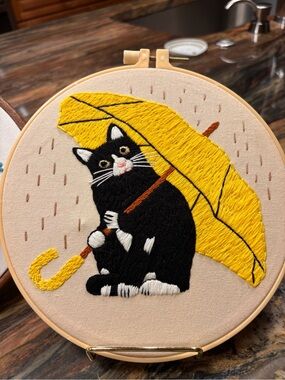 Hand-Embroidered Black Cat with Yellow Umbrella Wall Art